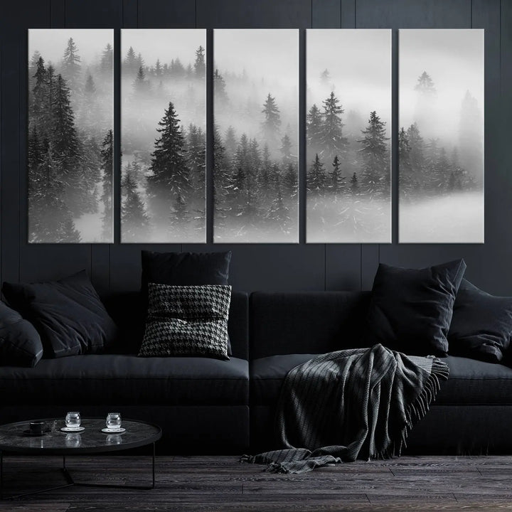 The living room showcases the Foggy Misty Forest Canvas Wall Art in black and white, presented as a triptych on the wall.