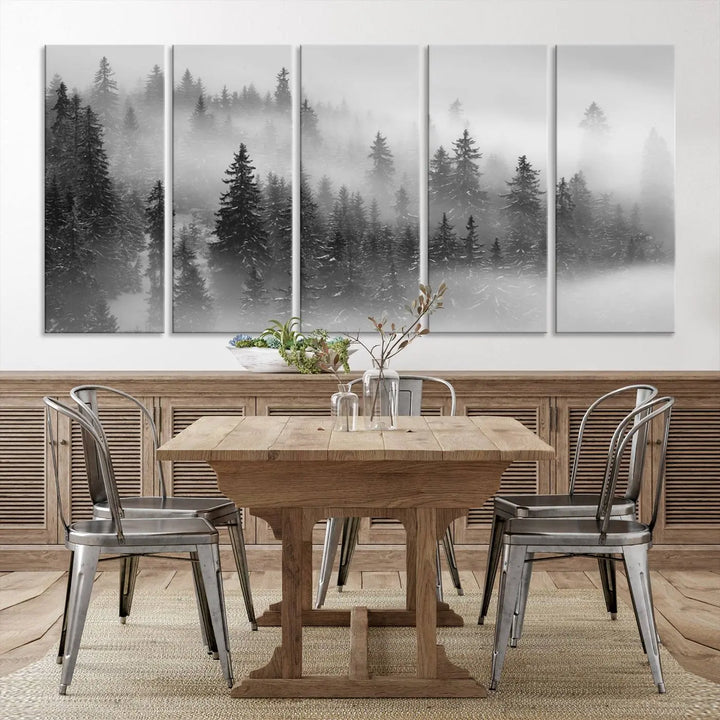 The living room showcases the Foggy Misty Forest Canvas Wall Art in black and white, presented as a triptych on the wall.