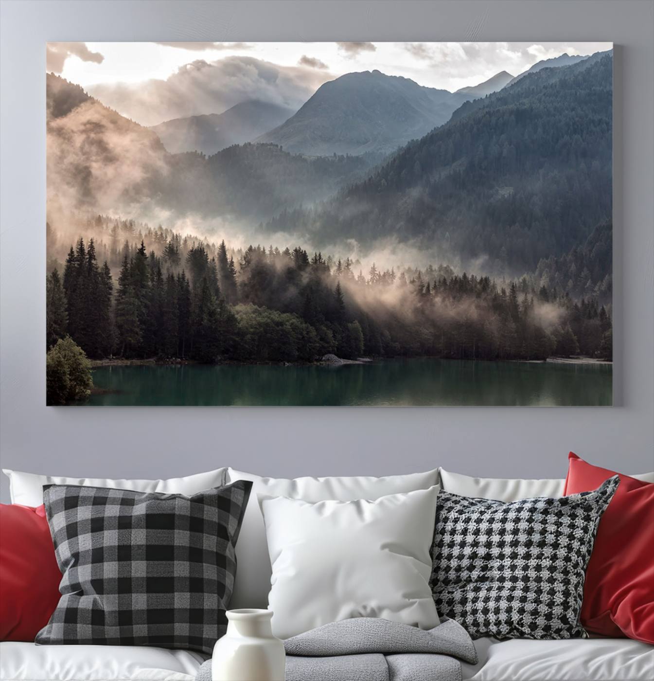 61116-MGV-CV-36X24-Foggy Mountain Canvas Print Forest Wall Art
