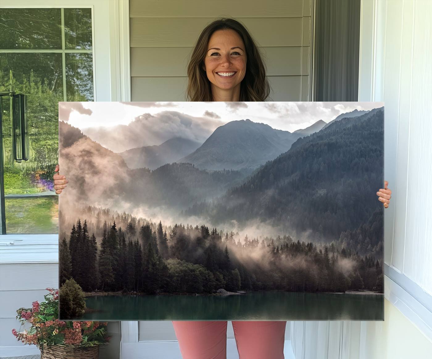 61116-MGV-CV-36X24-Foggy Mountain Canvas Print Forest Wall Art