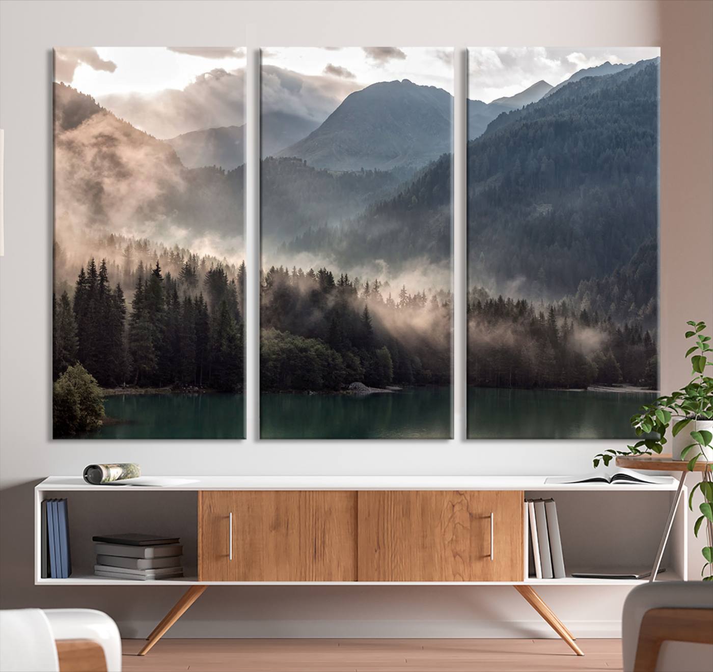 61116-MGV-CV-36X24-Foggy Mountain Canvas Print Forest Wall Art