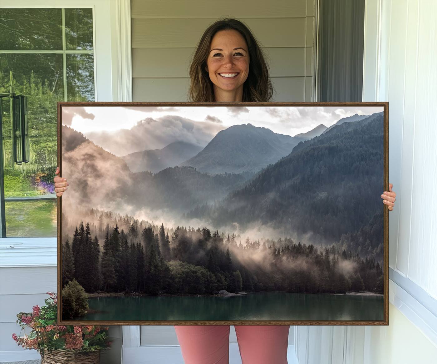 61116-MGV-CV-36X24-Foggy Mountain Canvas Print Forest Wall Art