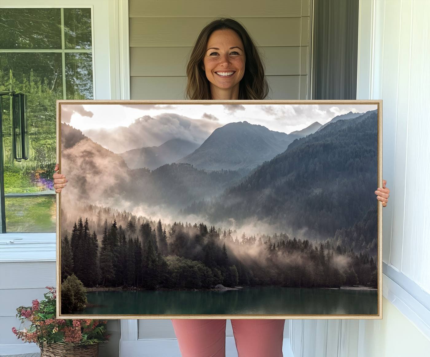 61116-MGV-CV-36X24-Foggy Mountain Canvas Print Forest Wall Art
