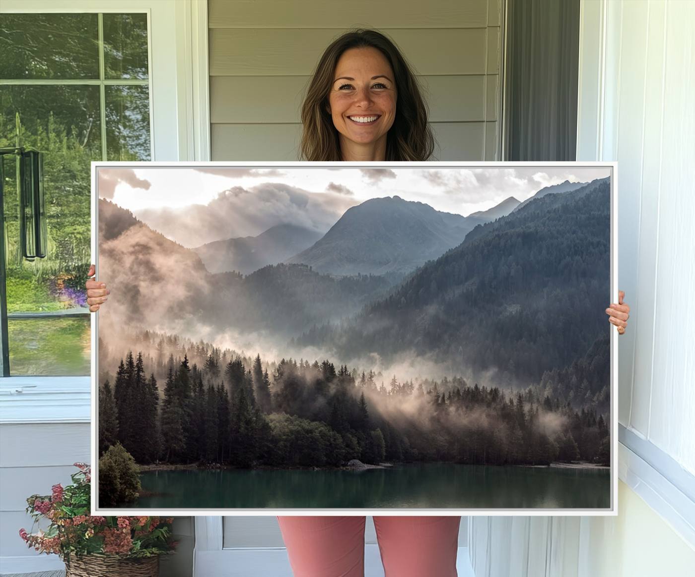 61116-MGV-CV-36X24-Foggy Mountain Canvas Print Forest Wall Art