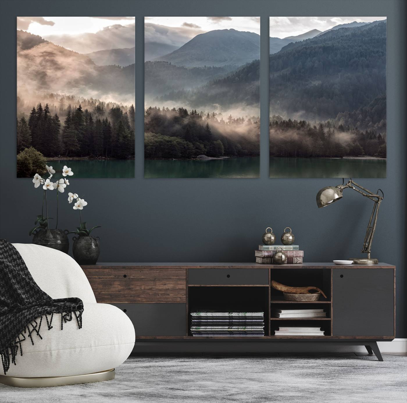 61116-MGV-CV-60X30-3P-Foggy Mountain Canvas Print Forest Wall Art
