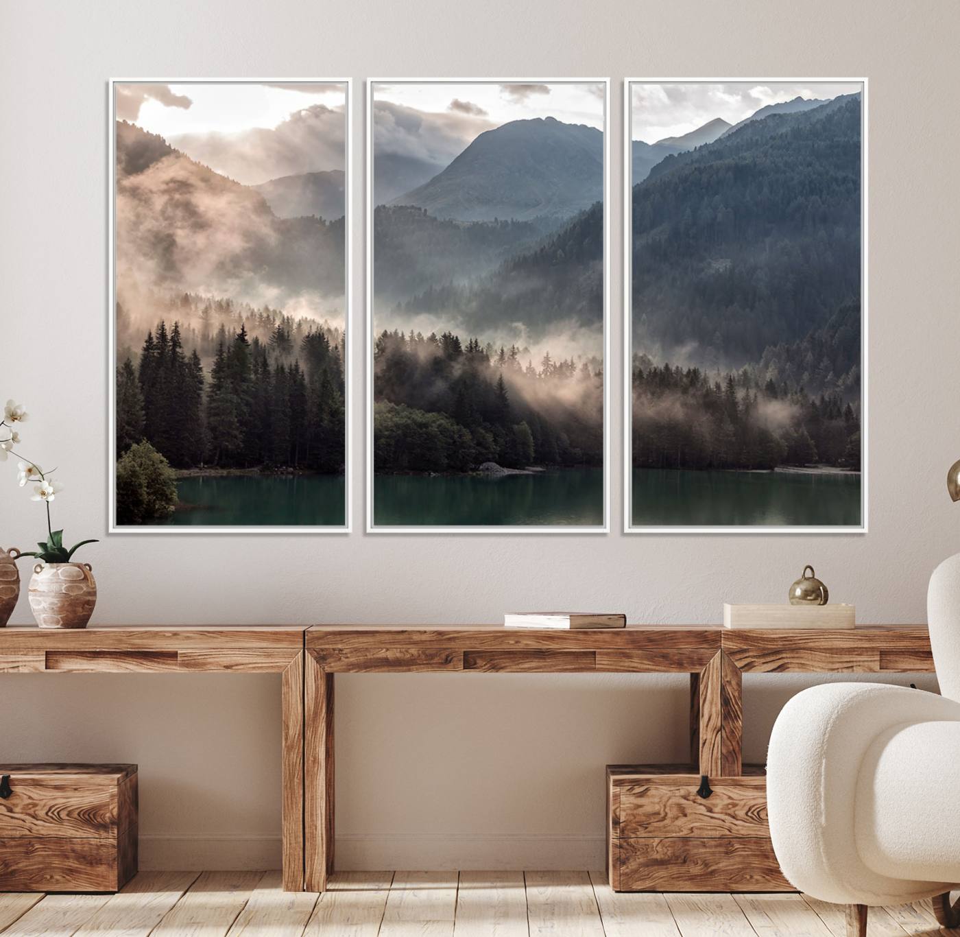 61116-MGV-FC-48X32-3P_White-Foggy Mountain Canvas Print Forest Wall Art