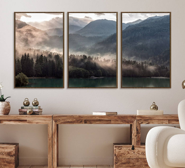 61116-MGV-FC-60X30-3P_Walnut-Foggy Mountain Canvas Print Forest Wall Art