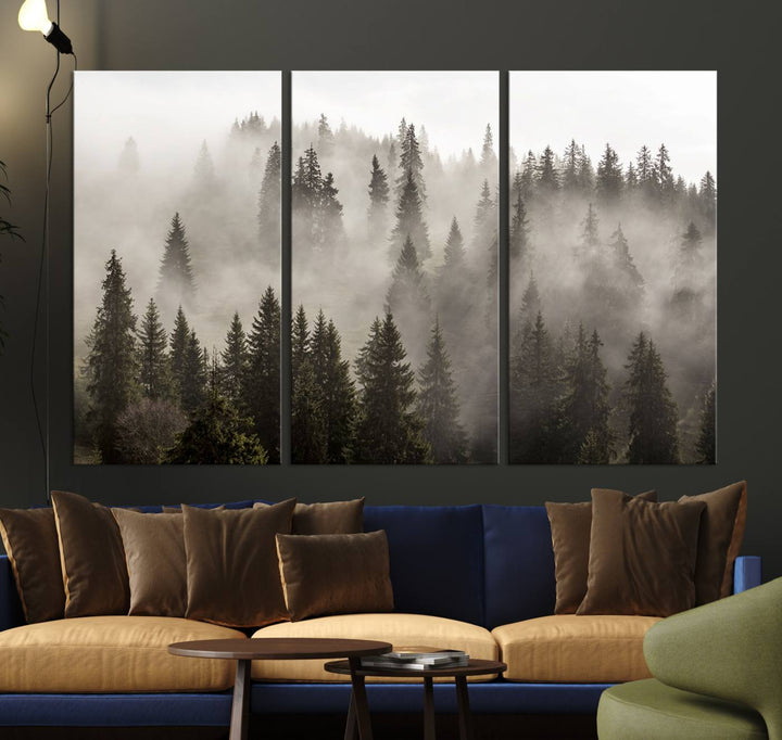 Foggy Mountain Wall Art | 3-Panel Foggy Forest and Mountain Landscape | Large Giclee Print for Living Room, Office, or Cabin Decor