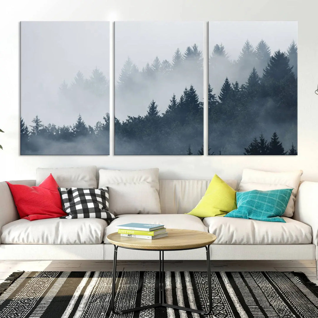 The gallery-wrapped triptych canvas art piece, titled "Foggy Pine Forest Wall Art Canvas Print," is displayed with the added convenience of free shipping.