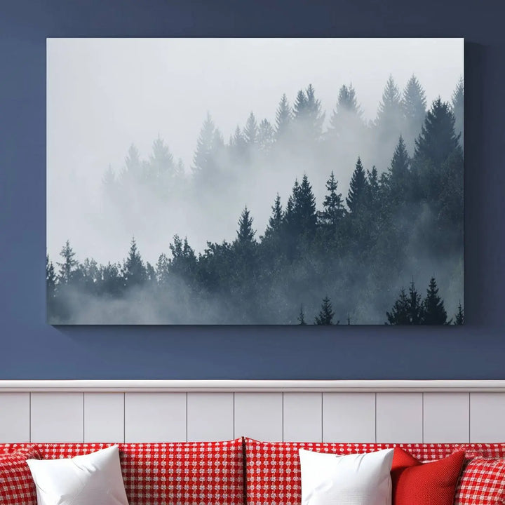 The gallery-wrapped triptych canvas art piece, titled "Foggy Pine Forest Wall Art Canvas Print," is displayed with the added convenience of free shipping.