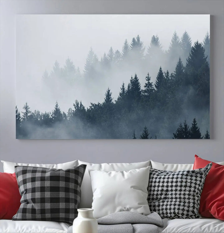 The gallery-wrapped triptych canvas art piece, titled "Foggy Pine Forest Wall Art Canvas Print," is displayed with the added convenience of free shipping.