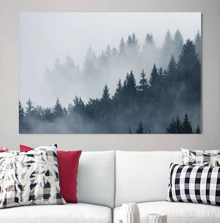 The gallery-wrapped triptych canvas art piece, titled "Foggy Pine Forest Wall Art Canvas Print," is displayed with the added convenience of free shipping.