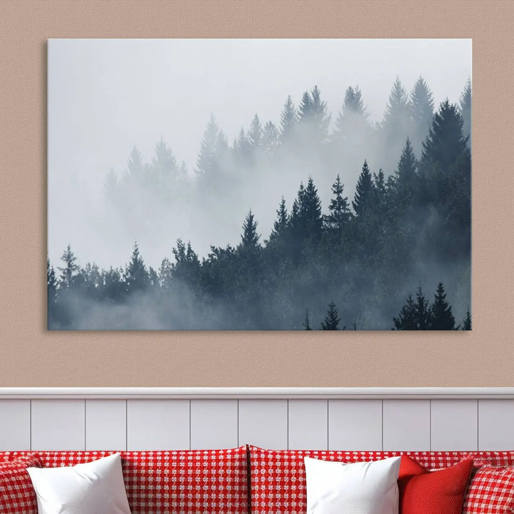 The gallery-wrapped triptych canvas art piece, titled "Foggy Pine Forest Wall Art Canvas Print," is displayed with the added convenience of free shipping.