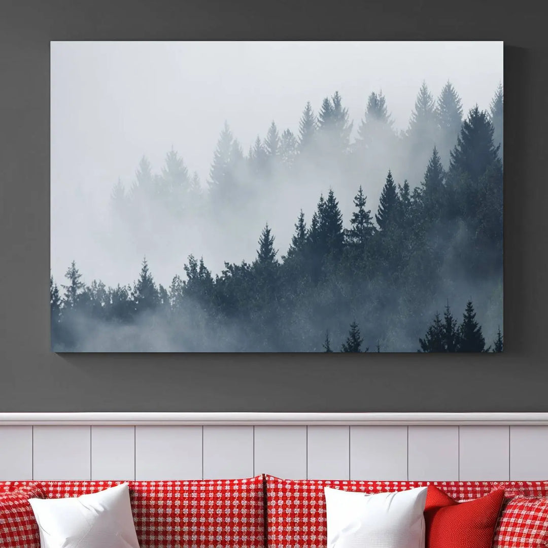 The gallery-wrapped triptych canvas art piece, titled "Foggy Pine Forest Wall Art Canvas Print," is displayed with the added convenience of free shipping.