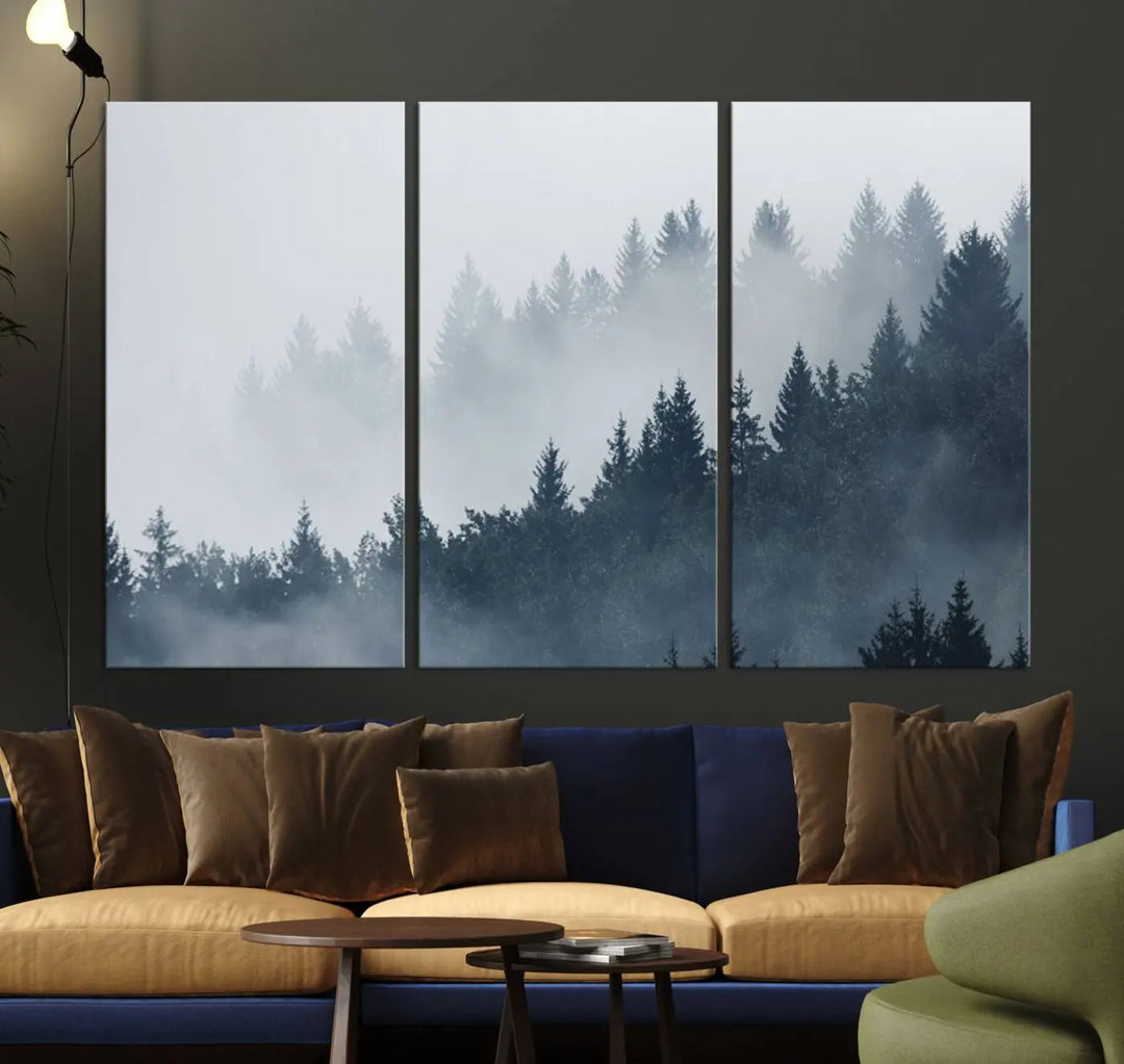 The gallery-wrapped triptych canvas art piece, titled "Foggy Pine Forest Wall Art Canvas Print," is displayed with the added convenience of free shipping.