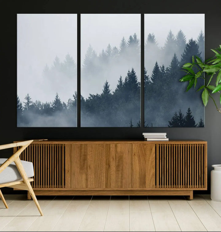 The gallery-wrapped triptych canvas art piece, titled "Foggy Pine Forest Wall Art Canvas Print," is displayed with the added convenience of free shipping.