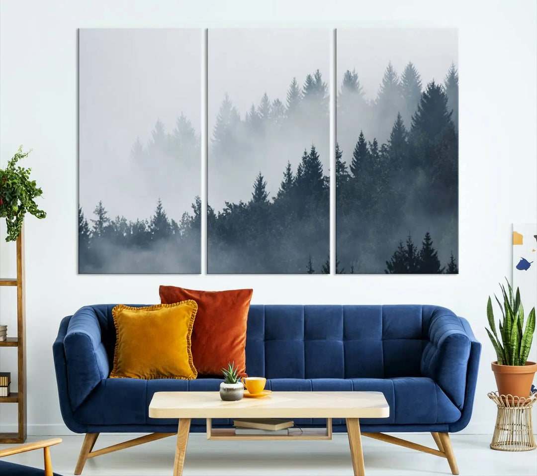 The gallery-wrapped triptych canvas art piece, titled "Foggy Pine Forest Wall Art Canvas Print," is displayed with the added convenience of free shipping.