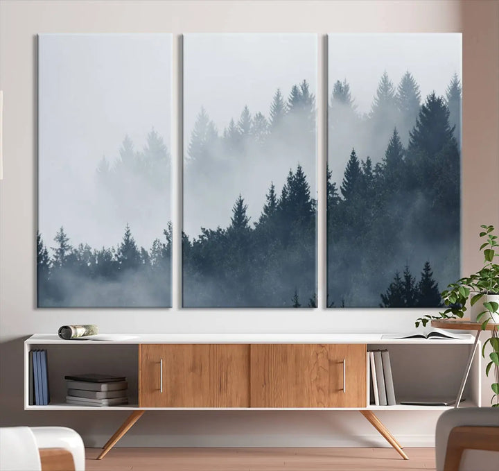 The gallery-wrapped triptych canvas art piece, titled "Foggy Pine Forest Wall Art Canvas Print," is displayed with the added convenience of free shipping.