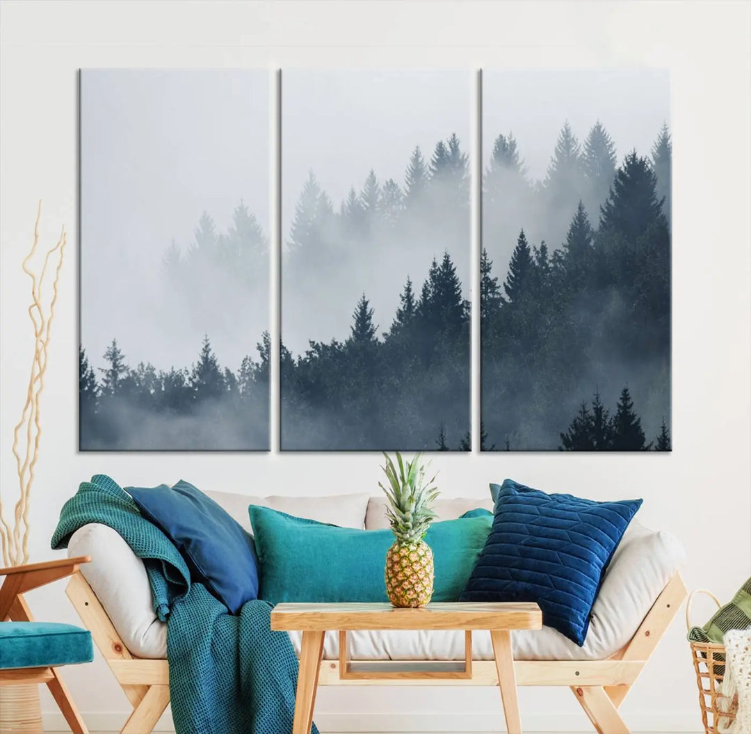 The gallery-wrapped triptych canvas art piece, titled "Foggy Pine Forest Wall Art Canvas Print," is displayed with the added convenience of free shipping.