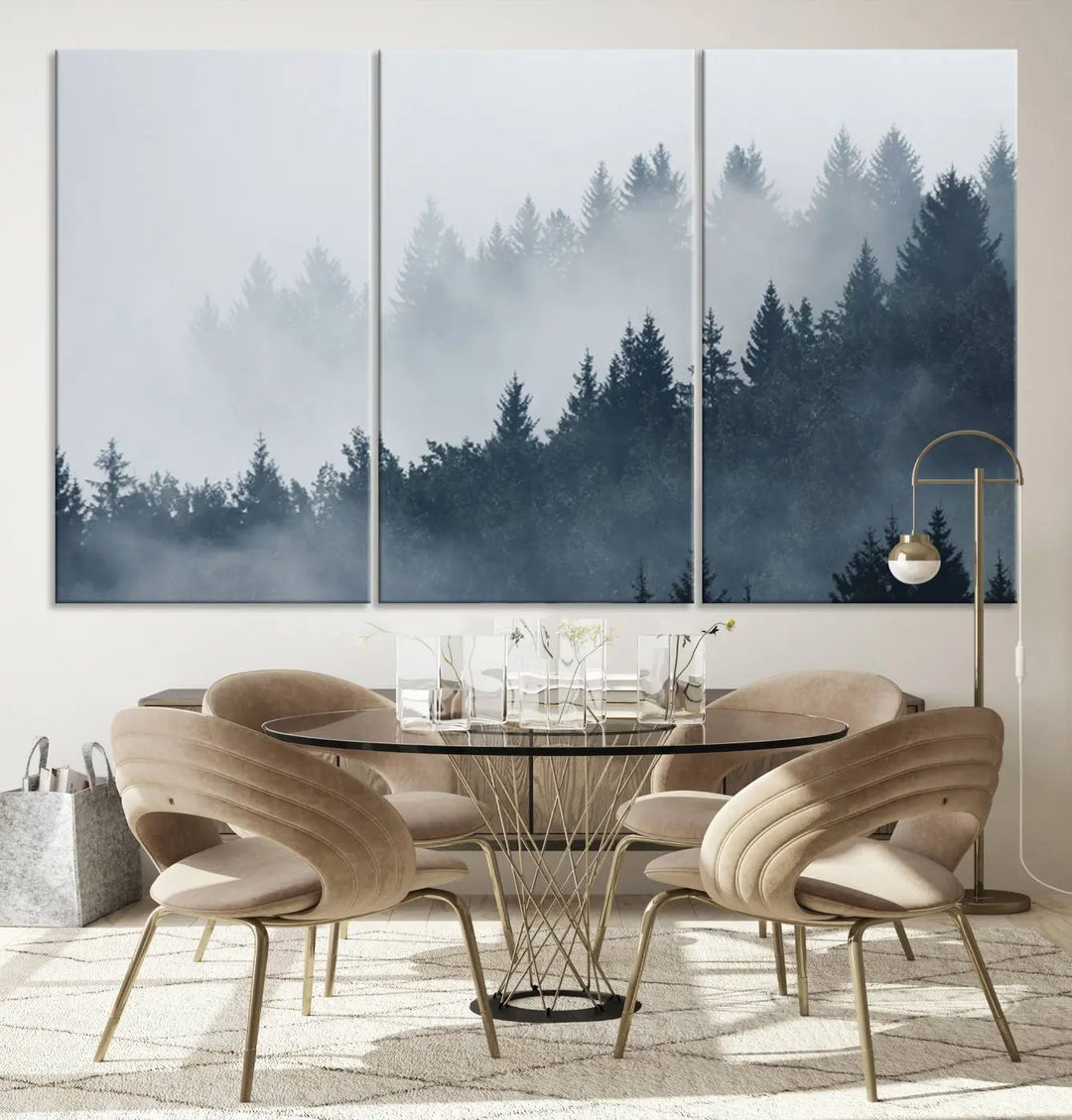 The gallery-wrapped triptych canvas art piece, titled "Foggy Pine Forest Wall Art Canvas Print," is displayed with the added convenience of free shipping.