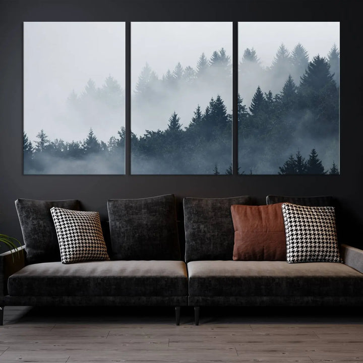 The gallery-wrapped triptych canvas art piece, titled "Foggy Pine Forest Wall Art Canvas Print," is displayed with the added convenience of free shipping.