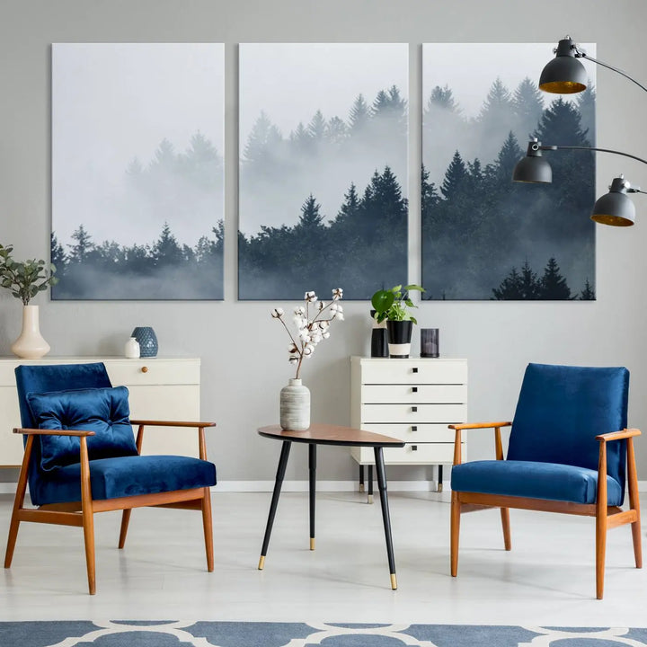 The gallery-wrapped triptych canvas art piece, titled "Foggy Pine Forest Wall Art Canvas Print," is displayed with the added convenience of free shipping.