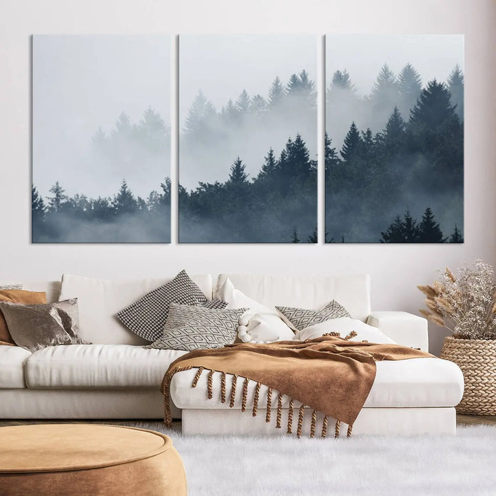 The gallery-wrapped triptych canvas art piece, titled "Foggy Pine Forest Wall Art Canvas Print," is displayed with the added convenience of free shipping.