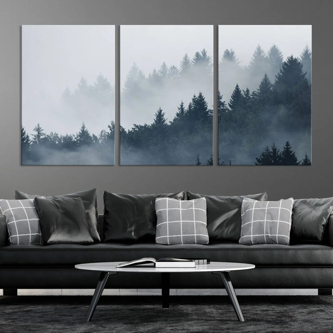 The gallery-wrapped triptych canvas art piece, titled "Foggy Pine Forest Wall Art Canvas Print," is displayed with the added convenience of free shipping.