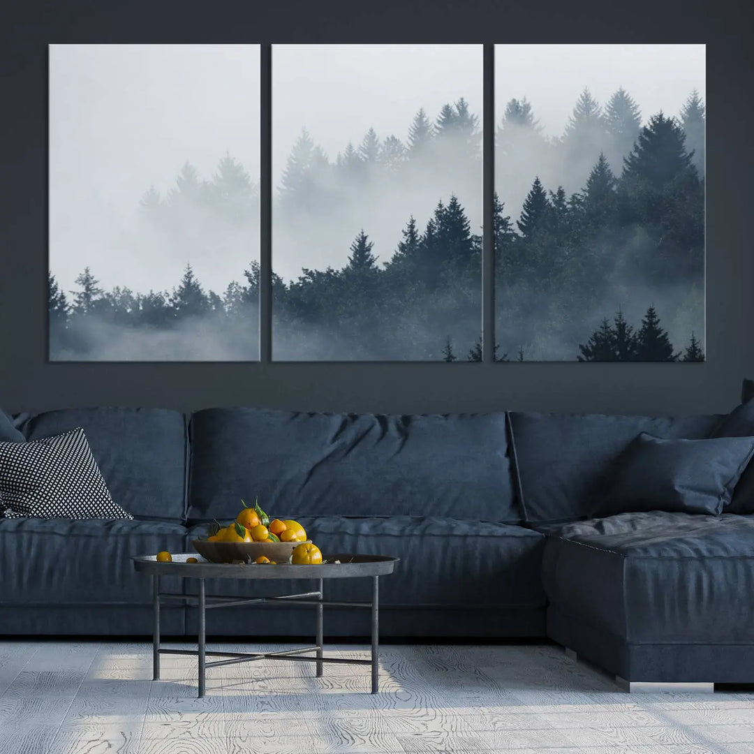 The gallery-wrapped triptych canvas art piece, titled "Foggy Pine Forest Wall Art Canvas Print," is displayed with the added convenience of free shipping.