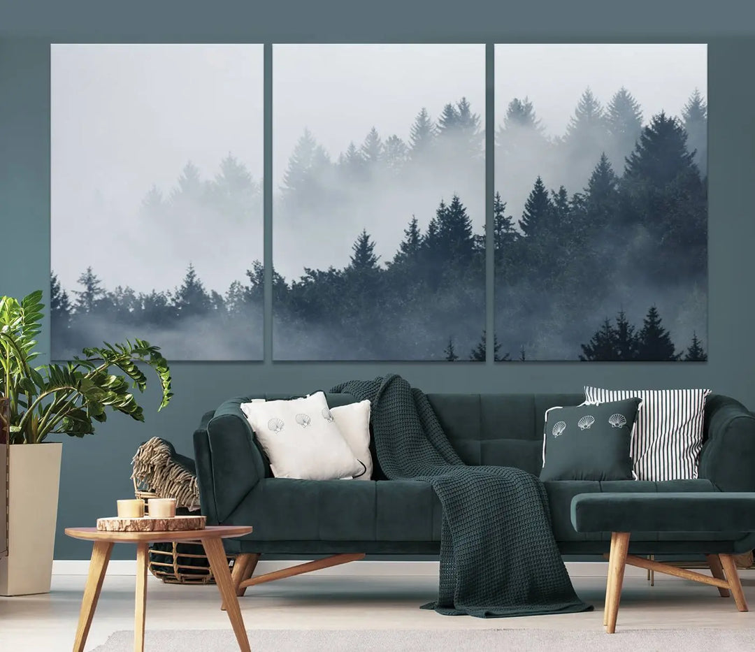 The gallery-wrapped triptych canvas art piece, titled "Foggy Pine Forest Wall Art Canvas Print," is displayed with the added convenience of free shipping.