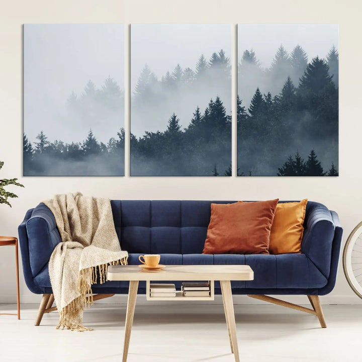 The gallery-wrapped triptych canvas art piece, titled "Foggy Pine Forest Wall Art Canvas Print," is displayed with the added convenience of free shipping.