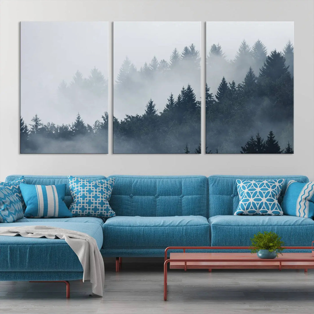 The gallery-wrapped triptych canvas art piece, titled "Foggy Pine Forest Wall Art Canvas Print," is displayed with the added convenience of free shipping.