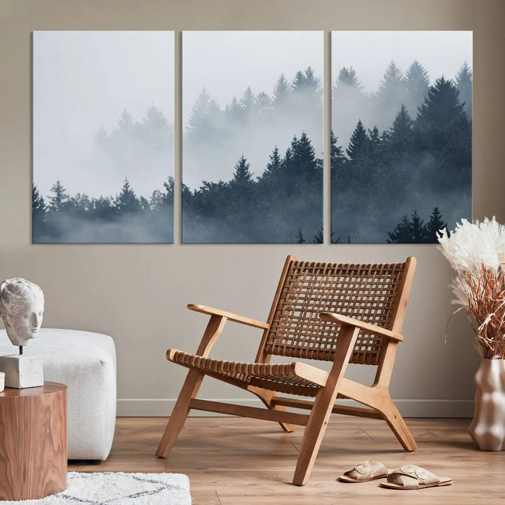 The gallery-wrapped triptych canvas art piece, titled "Foggy Pine Forest Wall Art Canvas Print," is displayed with the added convenience of free shipping.