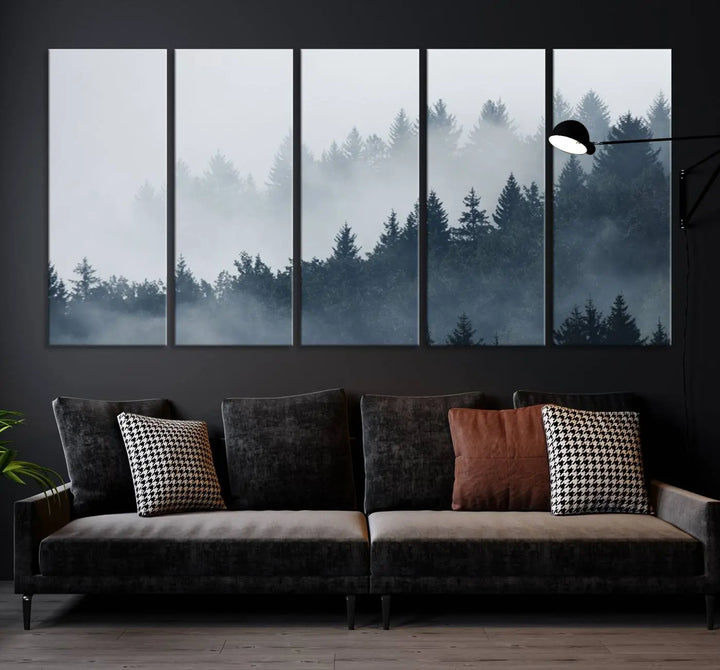 The gallery-wrapped triptych canvas art piece, titled "Foggy Pine Forest Wall Art Canvas Print," is displayed with the added convenience of free shipping.