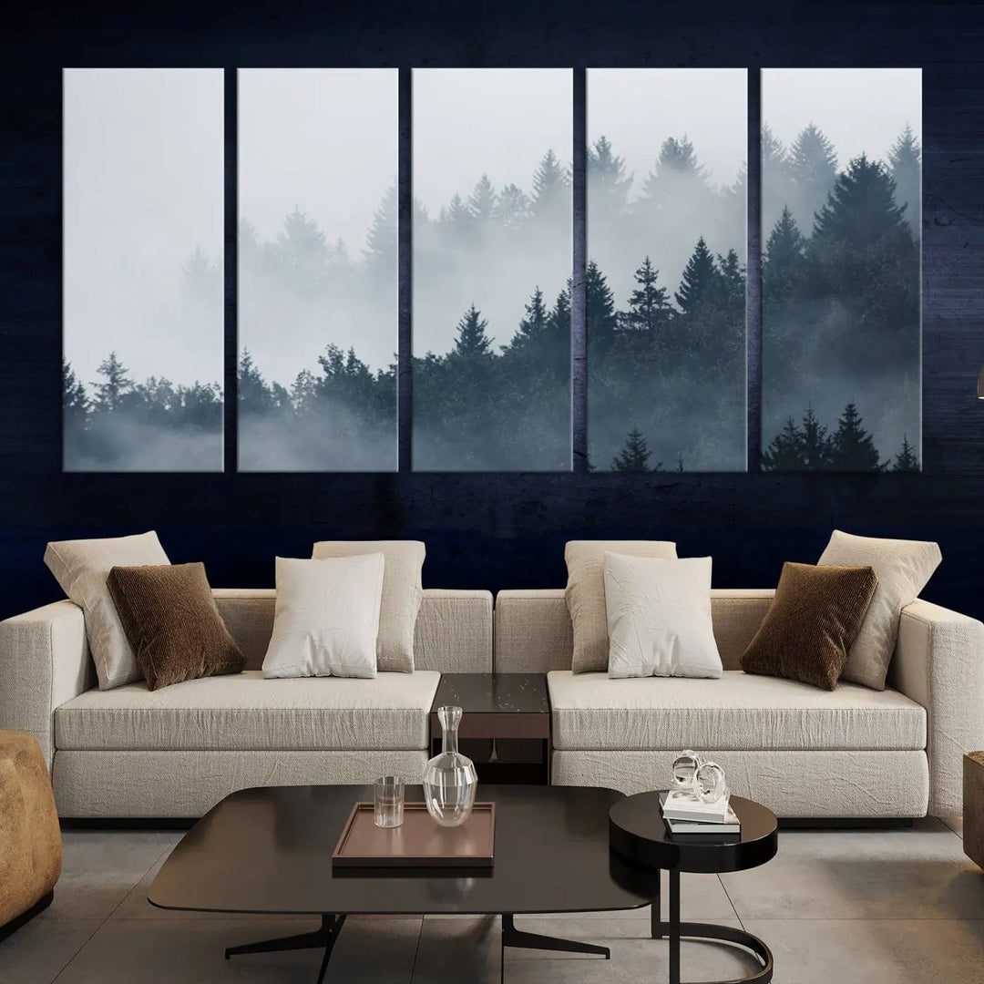 The gallery-wrapped triptych canvas art piece, titled "Foggy Pine Forest Wall Art Canvas Print," is displayed with the added convenience of free shipping.