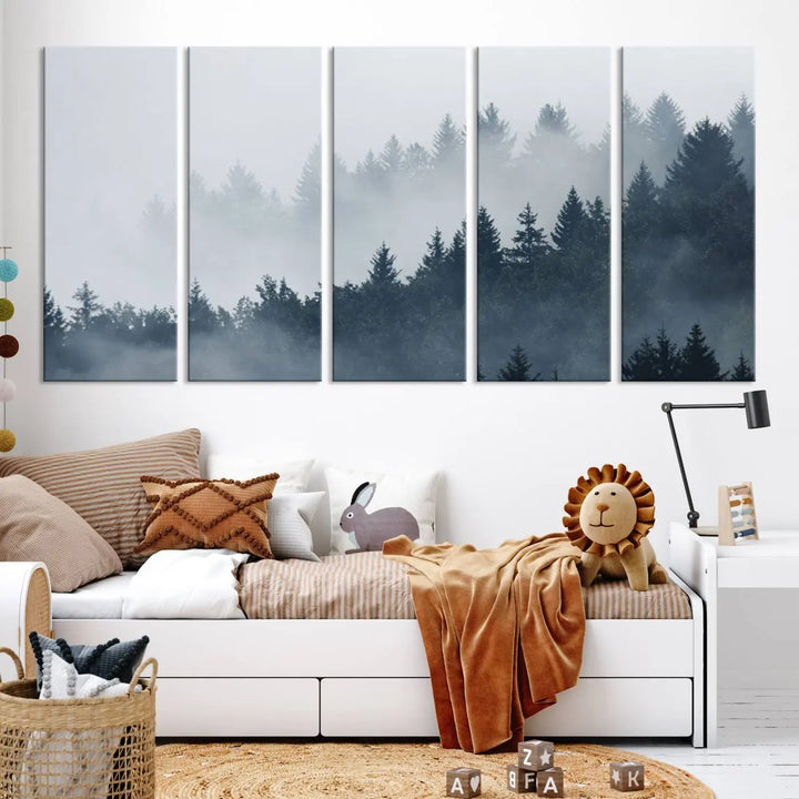 The gallery-wrapped triptych canvas art piece, titled "Foggy Pine Forest Wall Art Canvas Print," is displayed with the added convenience of free shipping.