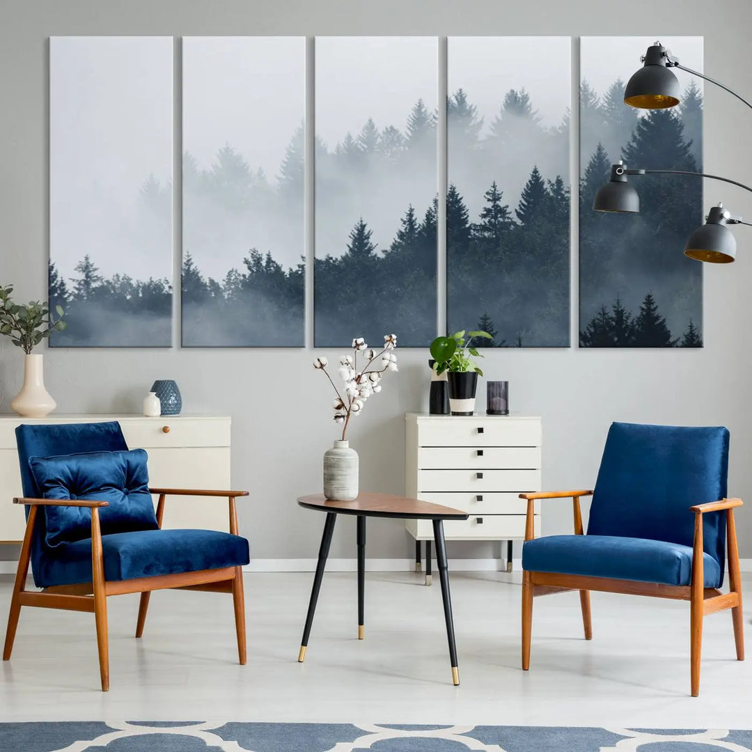 The gallery-wrapped triptych canvas art piece, titled "Foggy Pine Forest Wall Art Canvas Print," is displayed with the added convenience of free shipping.