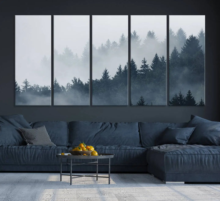 The gallery-wrapped triptych canvas art piece, titled "Foggy Pine Forest Wall Art Canvas Print," is displayed with the added convenience of free shipping.