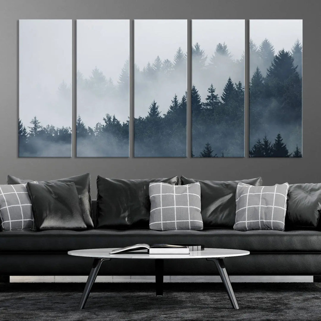 The gallery-wrapped triptych canvas art piece, titled "Foggy Pine Forest Wall Art Canvas Print," is displayed with the added convenience of free shipping.