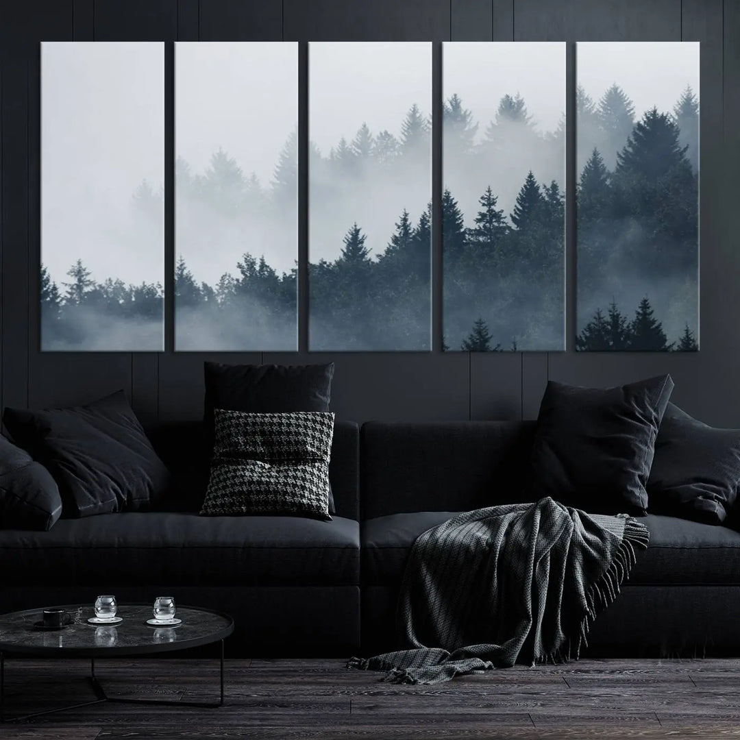 The gallery-wrapped triptych canvas art piece, titled "Foggy Pine Forest Wall Art Canvas Print," is displayed with the added convenience of free shipping.