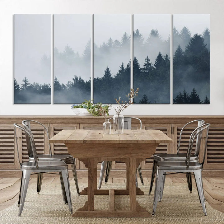 The gallery-wrapped triptych canvas art piece, titled "Foggy Pine Forest Wall Art Canvas Print," is displayed with the added convenience of free shipping.