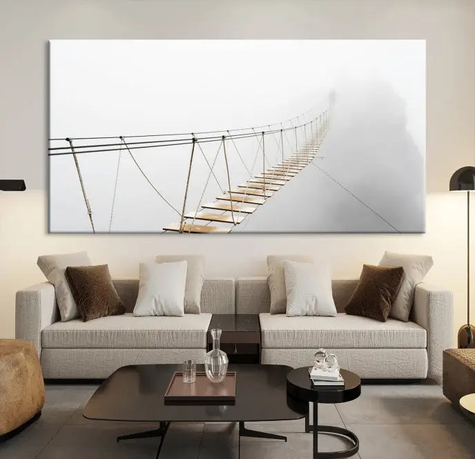 The Foggy and Wood Bridge Wall Art Canvas Print, with its UV-protective coating, elegantly adorns the living room wall. This museum-quality canvas depicting a foggy skywalk bridge exudes a captivating allure that remains timeless.