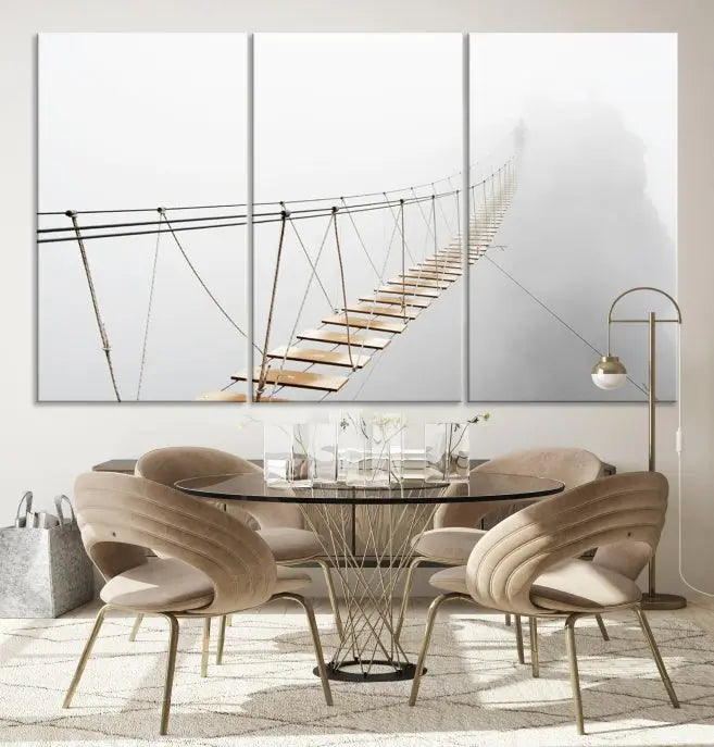 The Foggy and Wood Bridge Wall Art Canvas Print, with its UV-protective coating, elegantly adorns the living room wall. This museum-quality canvas depicting a foggy skywalk bridge exudes a captivating allure that remains timeless.