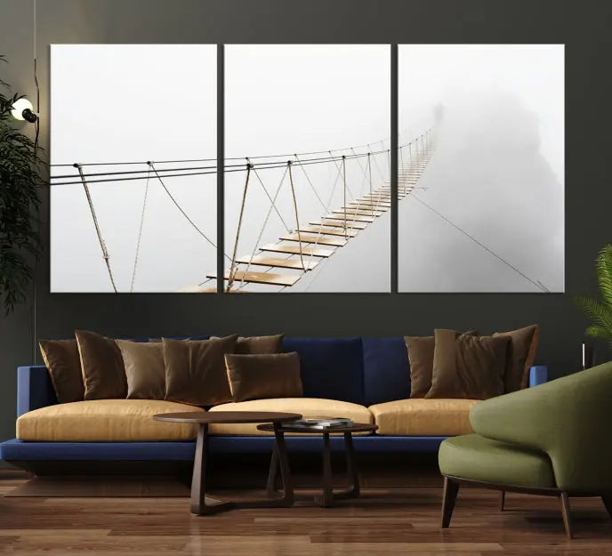 The Foggy and Wood Bridge Wall Art Canvas Print, with its UV-protective coating, elegantly adorns the living room wall. This museum-quality canvas depicting a foggy skywalk bridge exudes a captivating allure that remains timeless.