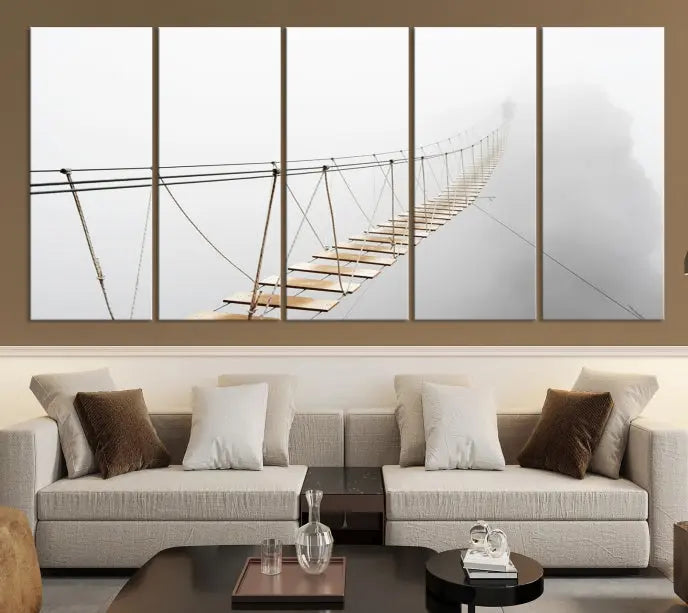 The Foggy and Wood Bridge Wall Art Canvas Print, with its UV-protective coating, elegantly adorns the living room wall. This museum-quality canvas depicting a foggy skywalk bridge exudes a captivating allure that remains timeless.