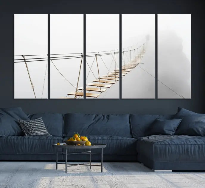 The Foggy and Wood Bridge Wall Art Canvas Print, with its UV-protective coating, elegantly adorns the living room wall. This museum-quality canvas depicting a foggy skywalk bridge exudes a captivating allure that remains timeless.