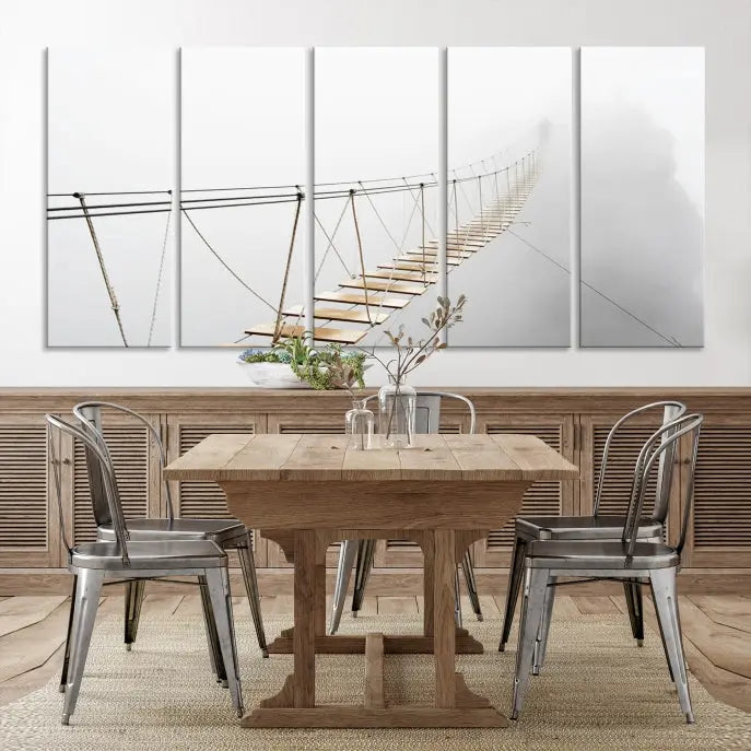 The Foggy and Wood Bridge Wall Art Canvas Print, with its UV-protective coating, elegantly adorns the living room wall. This museum-quality canvas depicting a foggy skywalk bridge exudes a captivating allure that remains timeless.