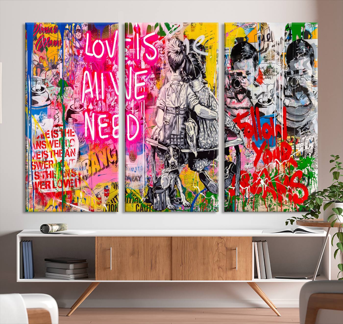 67019-MGV-CV-36X24-Follow Your Dreams & Love is All We Need Graffiti Street Art Triptych | Colorful Urban Wall Art