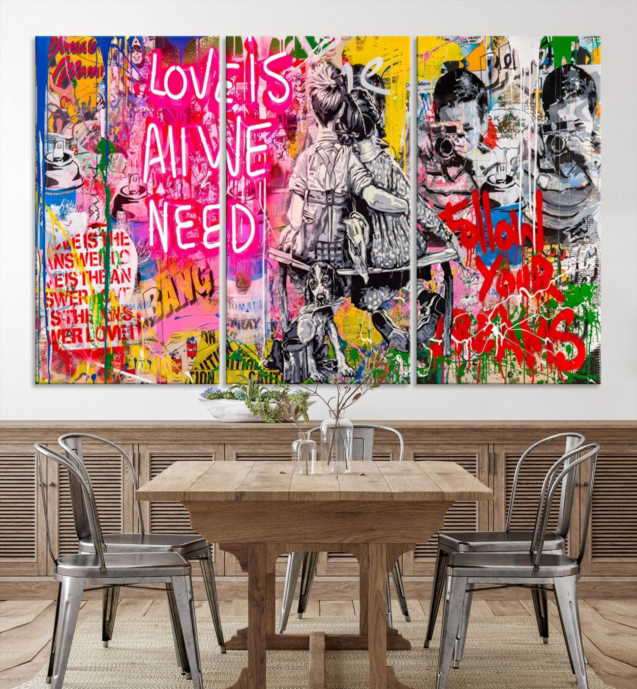 67019-MGV-CV-36X24-Follow Your Dreams & Love is All We Need Graffiti Street Art Triptych | Colorful Urban Wall Art