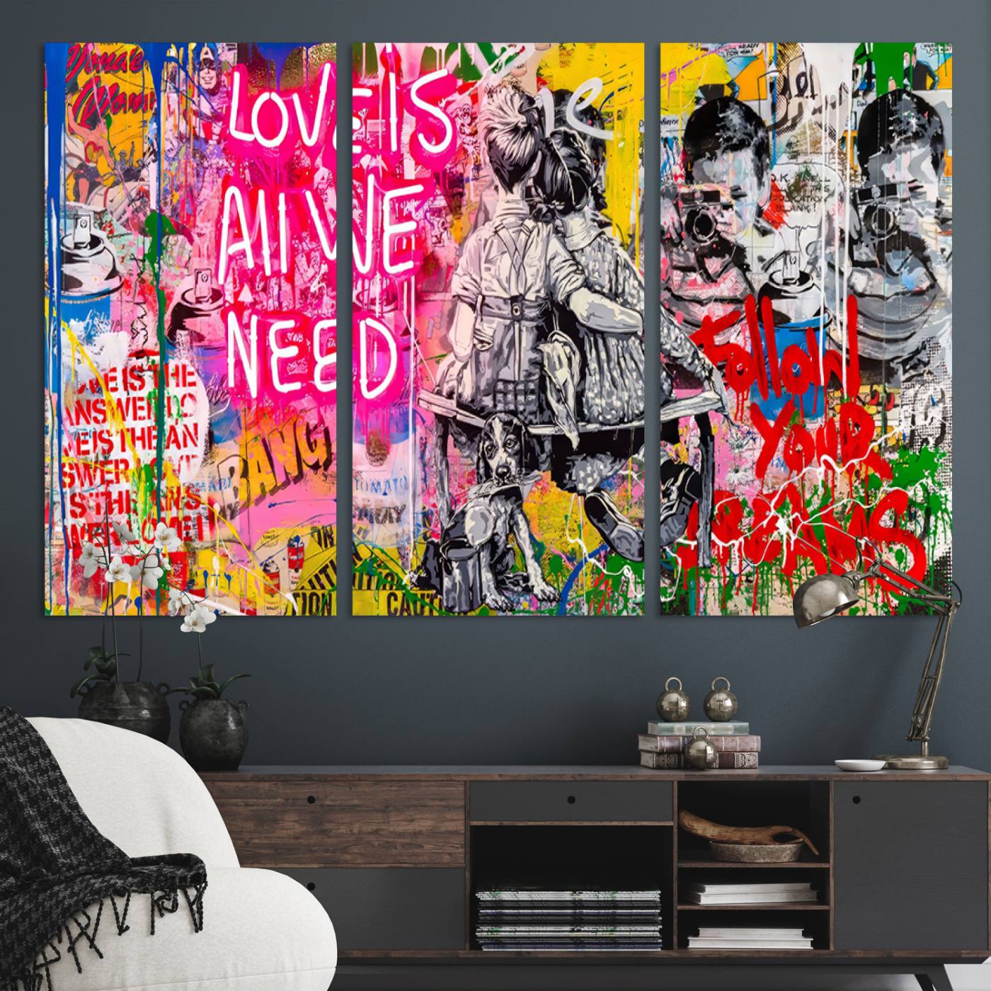 Follow Your Dreams & Love is All We Need Graffiti Street Art Triptych | Colorful Urban Wall Art